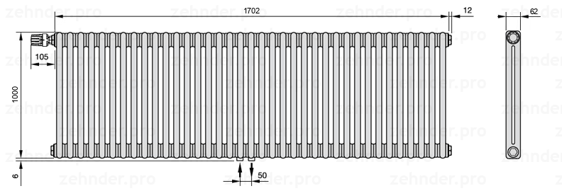 Схема (чертеж) Радиатор Zehnder Charleston 2100/37 №V007 Белый глянцевый RAL 9016